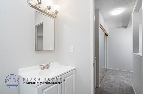 a bathroom with a sink and a mirror and a shower